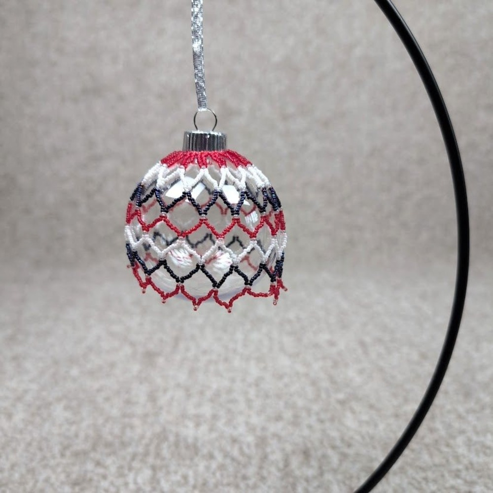 Handmade Beaded Christmas Ornament Clear Ball Red‎ White Blue Netting Hanger